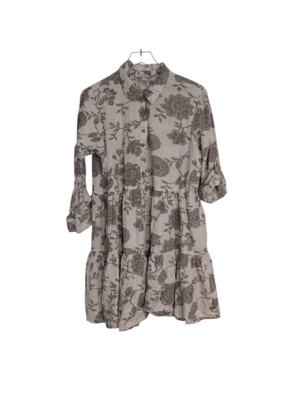 Violet Skies Floral Dress Womens Size 2X Beige Roll Tab Sleeve Tiered Flowy